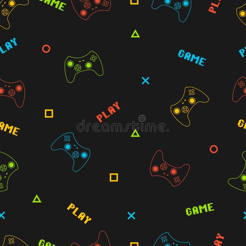 Joystick gamepad seamless pattern with pixel text. Typography graphics for t-shirt prints and other video game concept. Vector