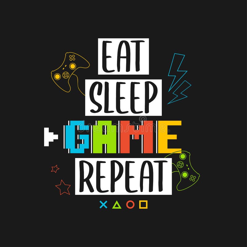 Joysticks gamepad t-shirt design with pixel text and slogan - Eat Sleep Game Repeat. Tee shirt typography graphics for gamers.