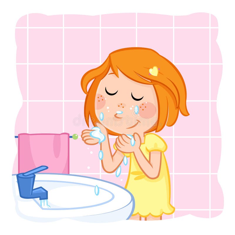 Kids Daily Routine Actions Cute Little Girl With Ginger Hair Washing ...