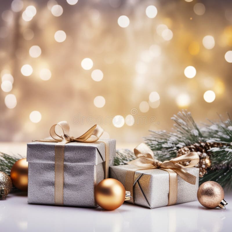 Jristmas-banderoll med julklappar och presentboxar med mousserande bokeh vintergenerativeai-aigenererad royaltyfri illustrationer
