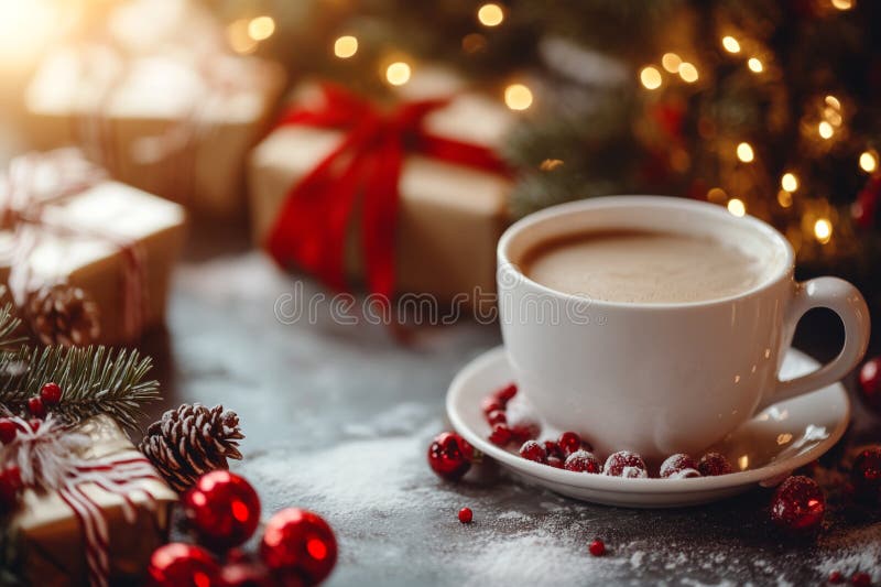 Jristmas lever fortfarande med en kopp kaffe. vacker julbakgrund med xmas-dekoration. ai genererad. stock illustrationer