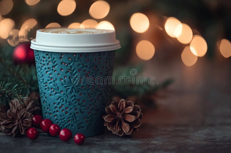 Jristmas lever fortfarande med grön kopp med vitt lock och vackert ljus bakgrund.. ai genererad. vektor illustrationer
