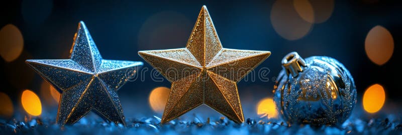 Jristmas lever fortfarande två gula glitterstjärnor och blå prydnadsföremål med mousserande bokeh-ljus stock illustrationer