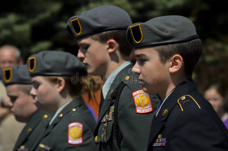 Young JROTC cadets march in Fourth of July Parade in Bangor, Maine. Young JROTC cadets march in Fourth of July Parade in Bangor, Maine.