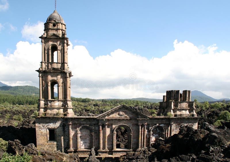 Church of San Juan Parangaricutiro buried by Paricutin lava flow, Mexico. Church of San Juan Parangaricutiro buried by Paricutin lava flow, Mexico.