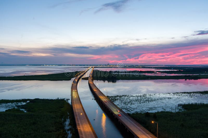 Jubilee Parkway on Mobile Bay at Sunset from Daphne, Alabama Stock