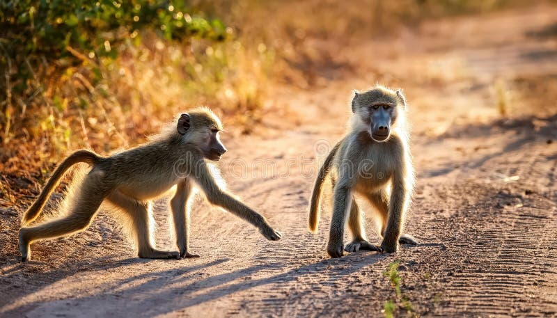 Jucăuș Chacma Baboons Frolicking în Africa Savannah Grasslands la Sunset Capturing Joy and Curiosity în mijlocul Wilds of stock illustration