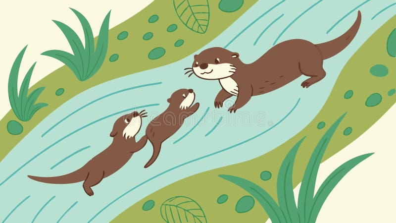 Jucăușă Vidre Înot într-un râu Drăguț Wildlife Scenă vector design Generativ AI vector illustration