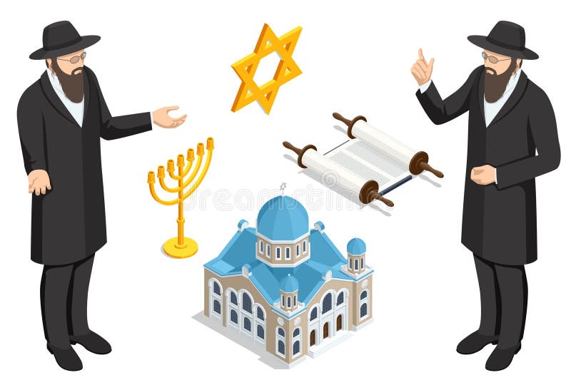 Hanukkah, Jewish festival. Isometric Judaism religious symbols of Jewish holidays. Hanukkah menorah, David Star, torah and dreidel, rabbi, synagogue, book. Hanukkah, Jewish festival. Isometric Judaism religious symbols of Jewish holidays. Hanukkah menorah, David Star, torah and dreidel, rabbi, synagogue, book.