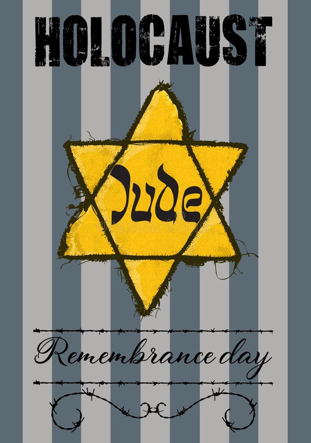 Holocaust Remembrance Day stamp, Jude star and pyjamas of concentration camp. Holocaust Remembrance Day stamp, Jude star and pyjamas of concentration camp