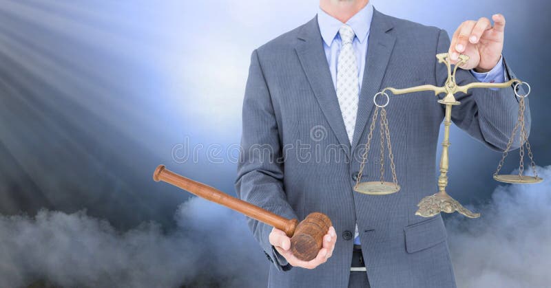 Judge with balance scale and hammer in front of clouds royalty free stock photography