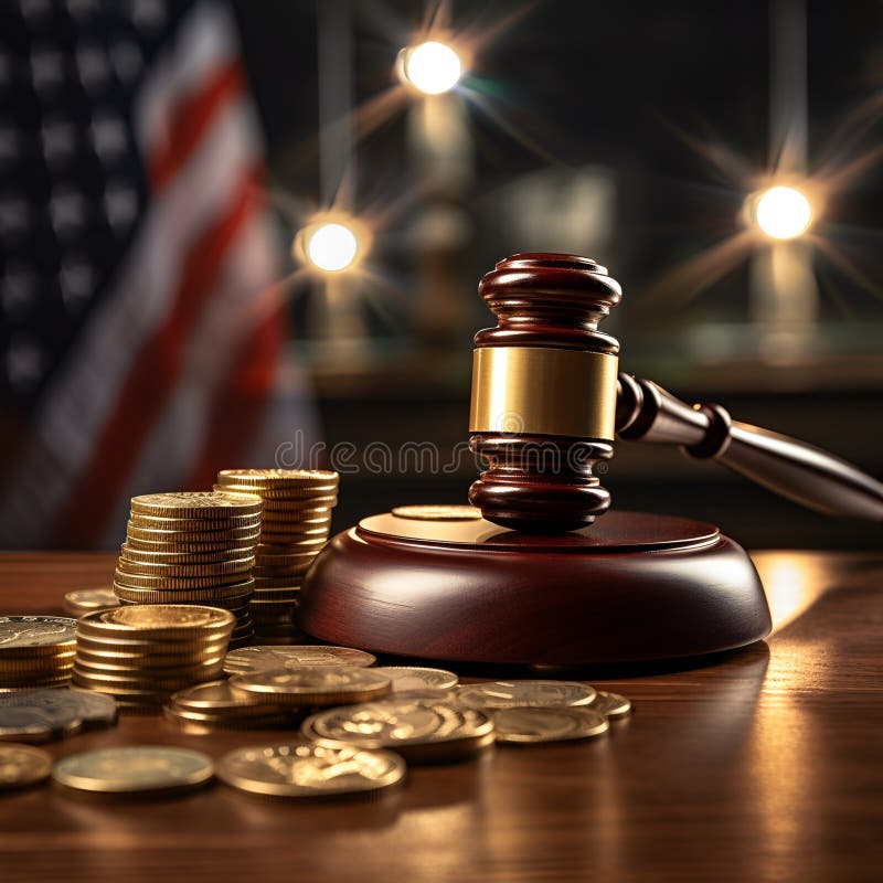 Judecător Gavel și grămadă de monede de aur și fundal drapel american Ai design generativ