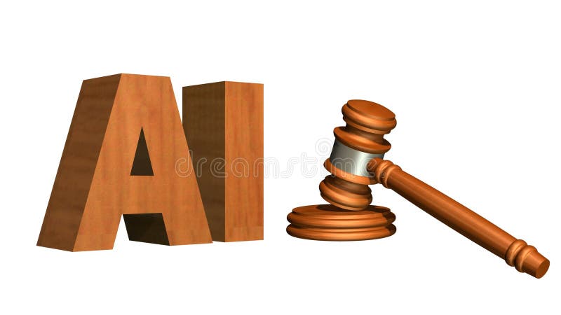 Judge gavel of wood - wooden AI letters - regulation of Artificial Intelligence concept royalty free illustration