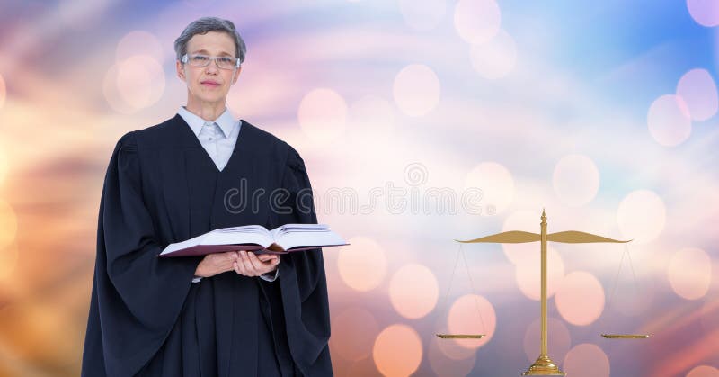 Judge holding book by law scales royalty free illustration