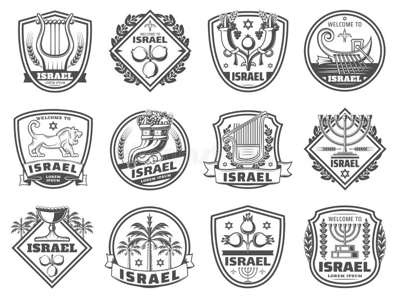 Israel culture symbols, religion and tradition monochrome icons. Vector harp and pomegranate, cornucopia and boat with oars. Lion and David star, candlestick and goblet, palm trees, judaic grail. Israel culture symbols, religion and tradition monochrome icons. Vector harp and pomegranate, cornucopia and boat with oars. Lion and David star, candlestick and goblet, palm trees, judaic grail