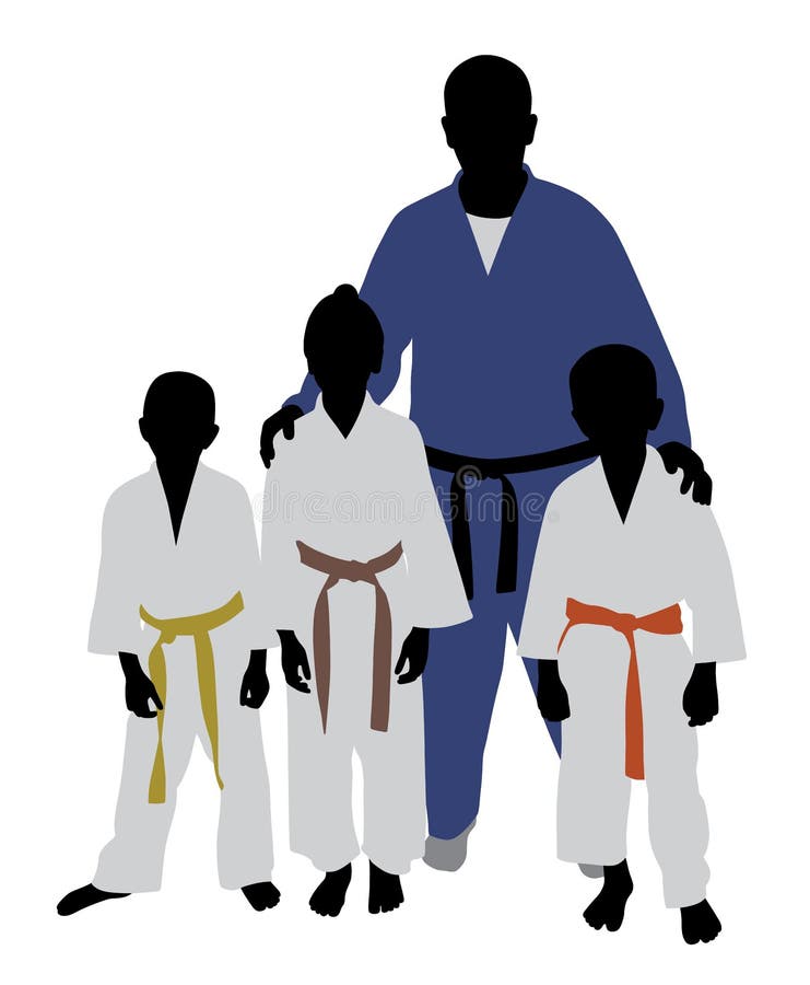 Illustration of judo team. Judo trainer with kids. Isolated white background. EPS file available. Illustration of judo team. Judo trainer with kids. Isolated white background. EPS file available.