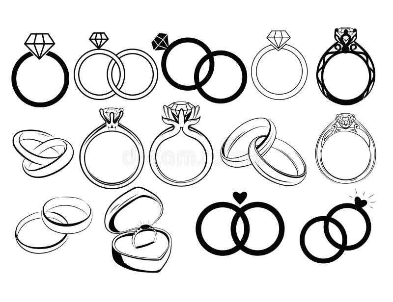 Juego de anillos de boda. ColecciÃ³n de anillos de contrataciÃ³n. IlustraciÃ³n en blanco negro de joyas para una boda. Logo del an