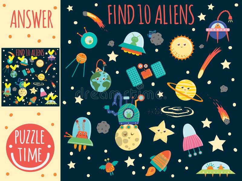 Juego de búsqueda para los niños con los planetas, los extranjeros y el UFO ilustración del vector Juego de búsqueda para los niños con los planetas, los extranjeros y el UFO ilustración del vector