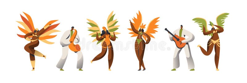 Juego de caracteres brasileño del bailarín del carnaval Danza de la mujer en traje exótico de la pluma en Rio de Janeiro Holiday stock de ilustración Juego de caracteres brasileño del bailarín del carnaval Danza de la mujer en traje exótico de la pluma en Rio de Janeiro Holiday stock de ilustración