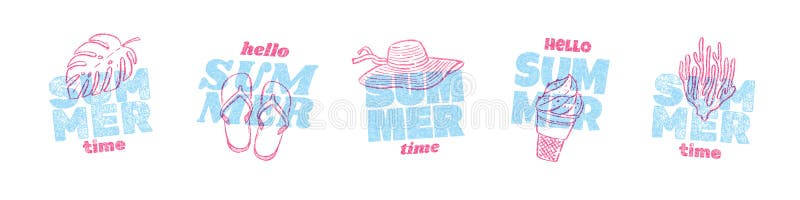 Juego de hola diseño de tipo de verano con elementos dibujados a mano. stock de ilustración