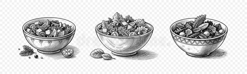 Juego de ilustraciones a mano con estilo de un tazón de ensalada recién hecho stock de ilustración