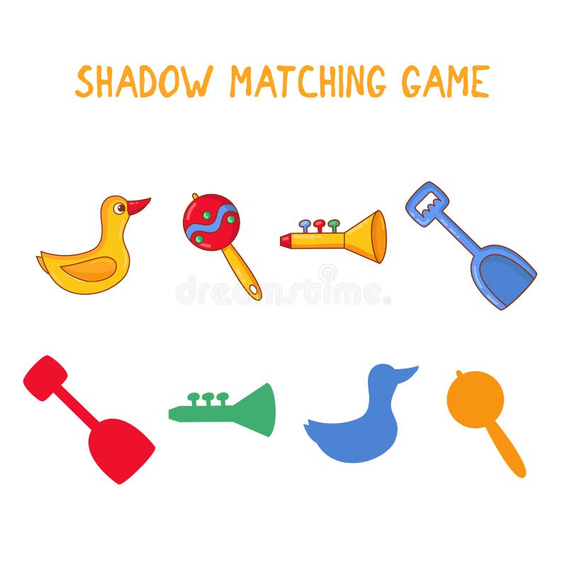 Juego de los niños que hace juego el ejemplo educativo del vector del concurso de las sombras stock de ilustración Juego de los niños que hace juego el ejemplo educativo del vector del concurso de las sombras stock de ilustración