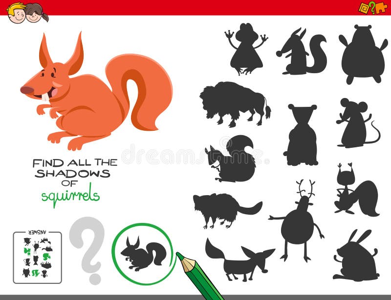 Juego educativo de las sombras con las ardillas ilustración del vector Juego educativo de las sombras con las ardillas ilustración del vector