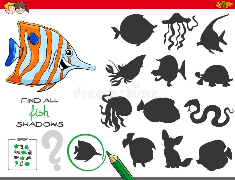 Juego educativo de las sombras con los caracteres de los pescados ilustración del vector Juego educativo de las sombras con los caracteres de los pescados ilustración del vector