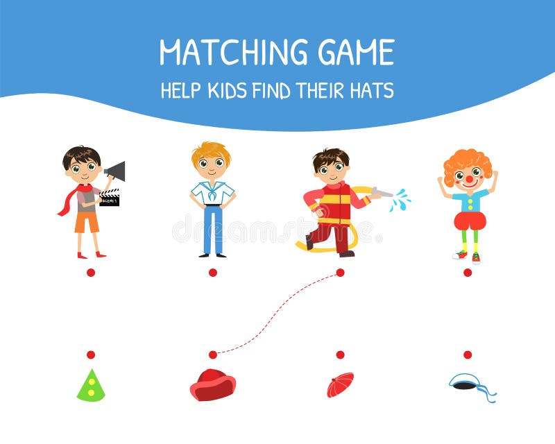 Juego a juego educativo para los niños, niños de la ayuda encontrar su ejemplo del vector de los sombreros stock de ilustración Juego a juego educativo para los niños, niños de la ayuda encontrar su ejemplo del vector de los sombreros stock de ilustración