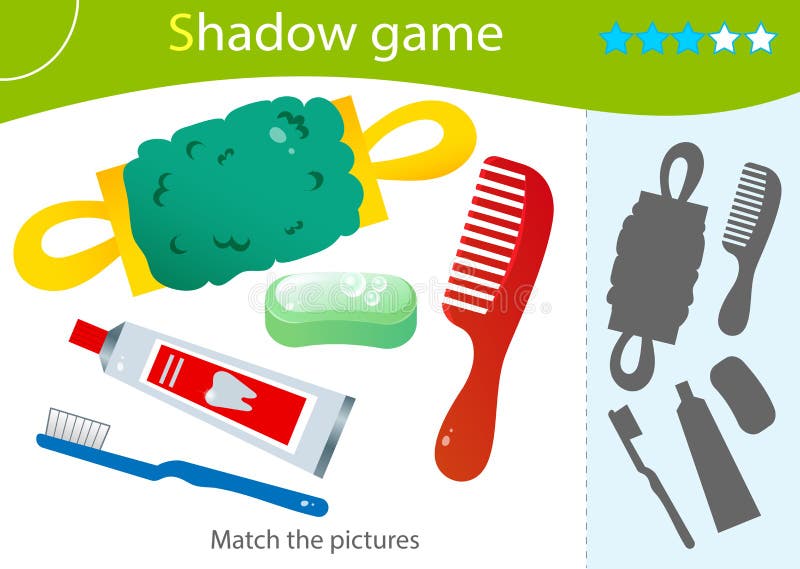 Shadow Game for kids. Match the right shadow. Color images of care and hygiene items. Toothpaste with brush, soap, washcloth, comb. Worksheet vector design for children and for preschoolers. Shadow Game for kids. Match the right shadow. Color images of care and hygiene items. Toothpaste with brush, soap, washcloth, comb. Worksheet vector design for children and for preschoolers