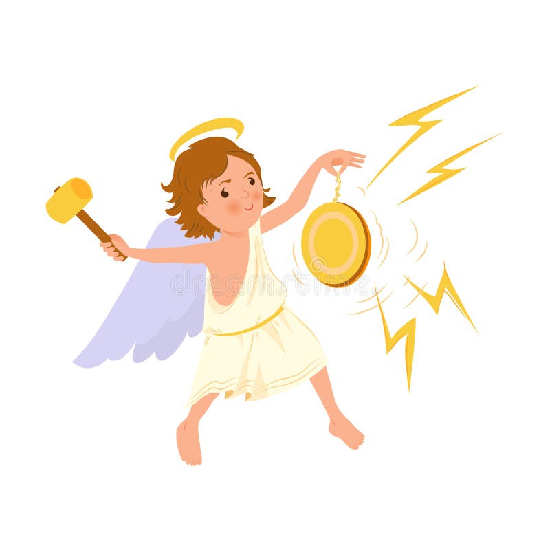 Juego lindo del muchacho del ángel en el instrumento musical del oro stock de ilustración Juego lindo del muchacho del ángel en el instrumento musical del oro stock de ilustración