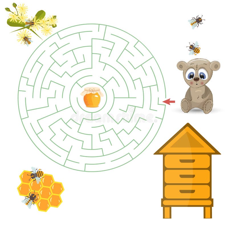 Juego redondo de la criba del laberinto, manera del hallazgo su trayectoria Trayectoria del hallazgo de la ayuda del oso a la mie ilustración del vector Juego redondo de la criba del laberinto, manera del hallazgo su trayectoria Trayectoria del hallazgo de la ayuda del oso a la mie ilustración del vector