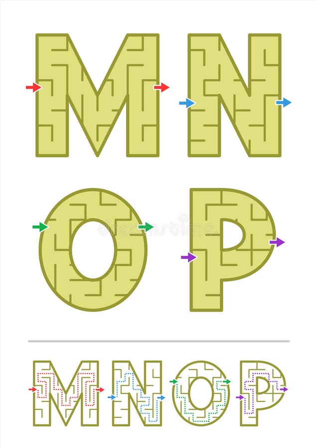 Juegos M, N, O, P del laberinto del alfabeto