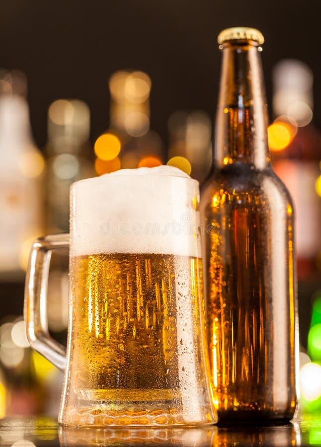 Jug of Beer with Bottle Served on Bar Counter Stock Photo Image of