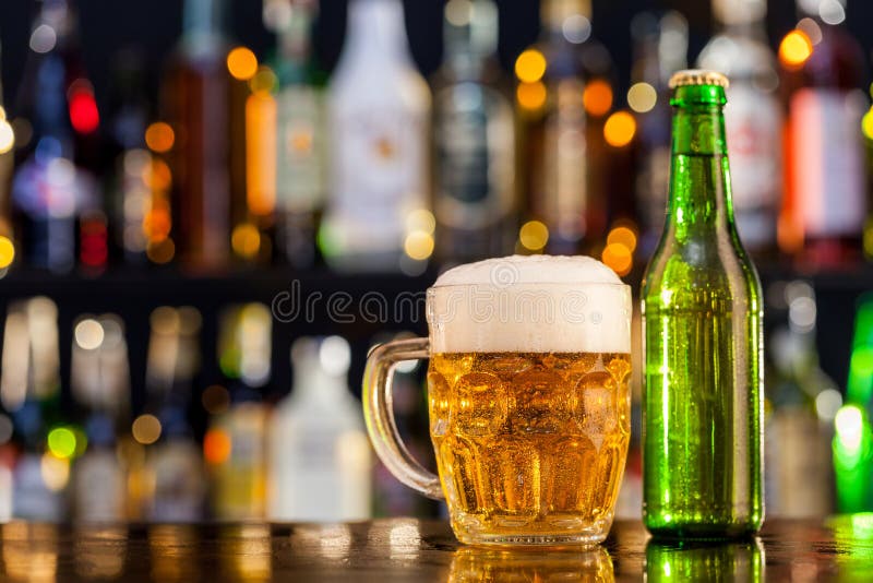 Jug of Beer with Bottle Served on Bar Counter Stock Photo Image of