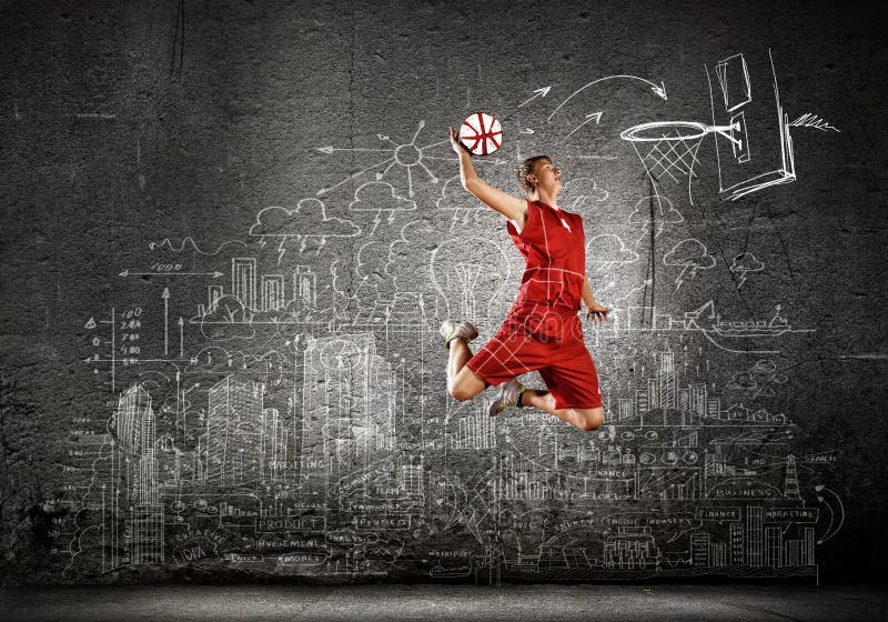 Young man basketball player with ball in hands jumping high. Young man basketball player with ball in hands jumping high