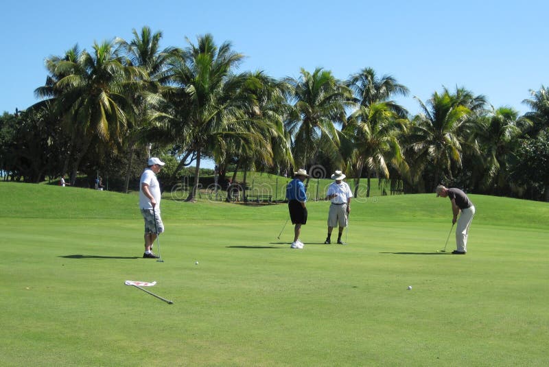 Jugador de golf masculino que hace que el suyo pone con cuarteto imagen de archivo Jugador de golf masculino que hace que el suyo pone con cuarteto imagen de archivo