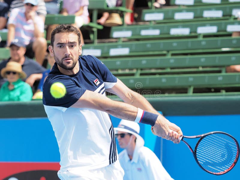 Jugador de tenis Marin Cilic que se prepara para Abierto de Australia en el torneo clásico de la exposición de Kooyong foto de archivo libre de regalías Jugador de tenis Marin Cilic que se prepara para Abierto de Australia en el torneo clásico de la exposición de Kooyong foto de archivo libre de regalías