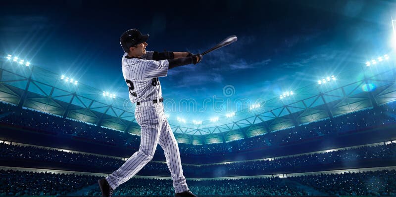 Professional baseball players on the grand arena in night. Professional baseball players on the grand arena in night