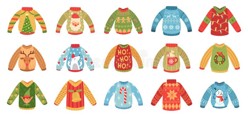 Cartoon christmas party jumpers. Xmas holidays ugly sweaters, knitted winter jumper and funny Santa sweater. Seasonal december 2020 holiday cozy clothing. Isolated vector icons set. Cartoon christmas party jumpers. Xmas holidays ugly sweaters, knitted winter jumper and funny Santa sweater. Seasonal december 2020 holiday cozy clothing. Isolated vector icons set