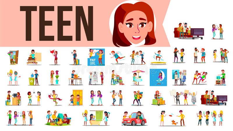 Teen Set Vector. Lifestyle Teenager Situations. Spending Time Together At Home, Outdoor. Isolated Cartoon Illustration. Teen Set Vector. Lifestyle Teenager Situations. Spending Time Together At Home, Outdoor. Isolated Cartoon Illustration