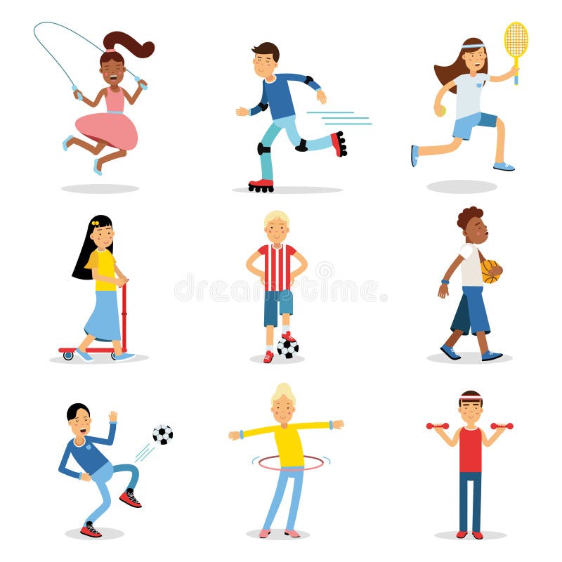 Jugendliche, die unterschiedlichen Sportsatz tun Vektorillustrationen der Kinderkörperlichen Tätigkeit stock abbildung Jugendliche, die unterschiedlichen Sportsatz tun Vektorillustrationen der Kinderkörperlichen Tätigkeit stock abbildung