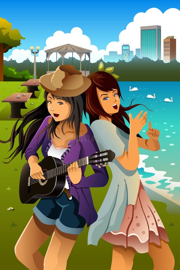Jugendlichen, die zusammen Gitarre singen und spielen vektor abbildung Jugendlichen, die zusammen Gitarre singen und spielen vektor abbildung