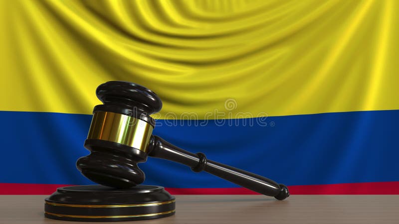 Jugez le marteau du ` s et le bloquez contre le drapeau de la Colombie Rendu 3D conceptuel de cour colombienne illustration stock Jugez le marteau du ` s et le bloquez contre le drapeau de la Colombie Rendu 3D conceptuel de cour colombienne illustration stock
