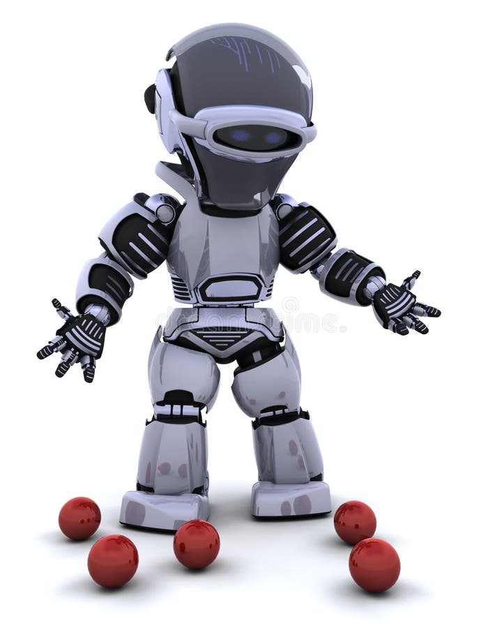 3D render of a robot juggler and dropped balls. 3D render of a robot juggler and dropped balls