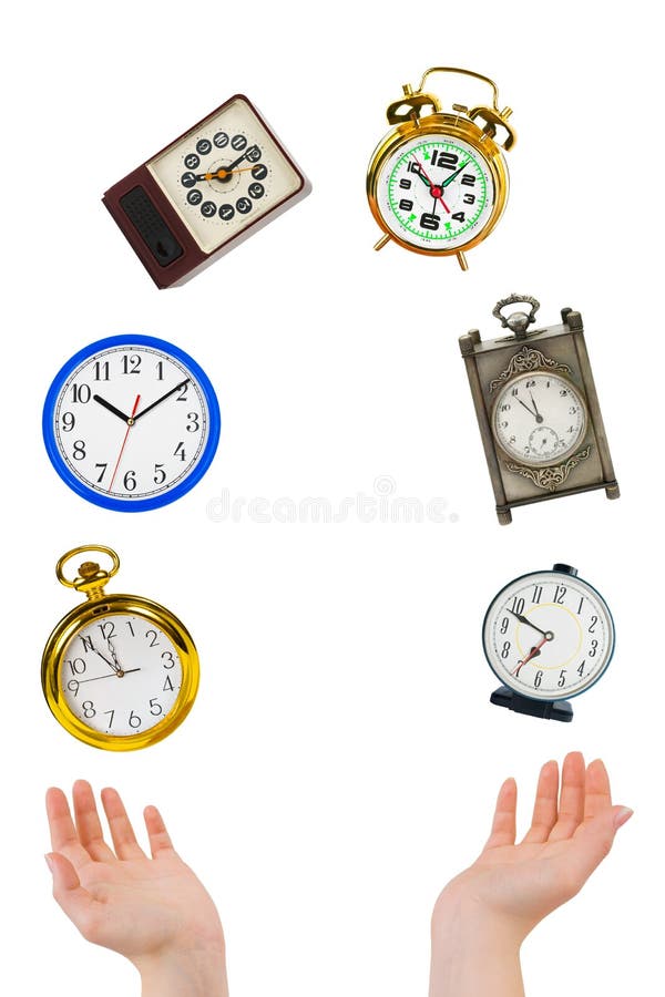 Juggling hands and clocks isolated on white background