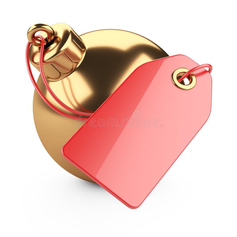 Juguete de oro del árbol de navidad con una etiqueta en blanco roja El concepto de h stock de ilustración Juguete de oro del árbol de navidad con una etiqueta en blanco roja El concepto de h stock de ilustración