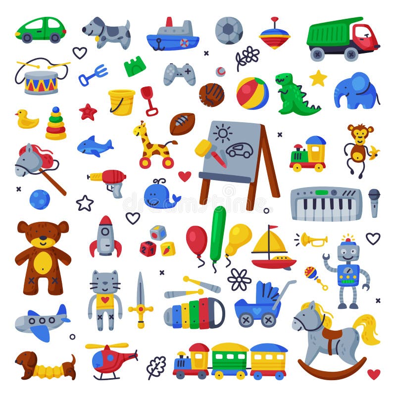 Conjunto de juguetes para niños en la ilustración de vector de estilo de  dibujos animados