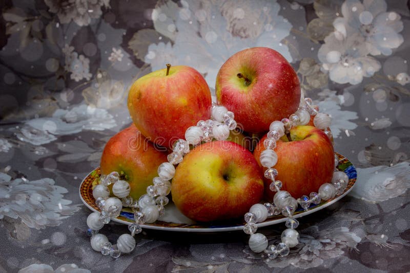 Juicy Apples on a Floral Background Gray Stock Image Image of jewelry