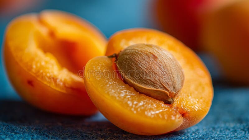 Juicy apricot-halvor exponerar guldkött och en central grop som framhäver mogna sommarfruktfinhet arkivbild